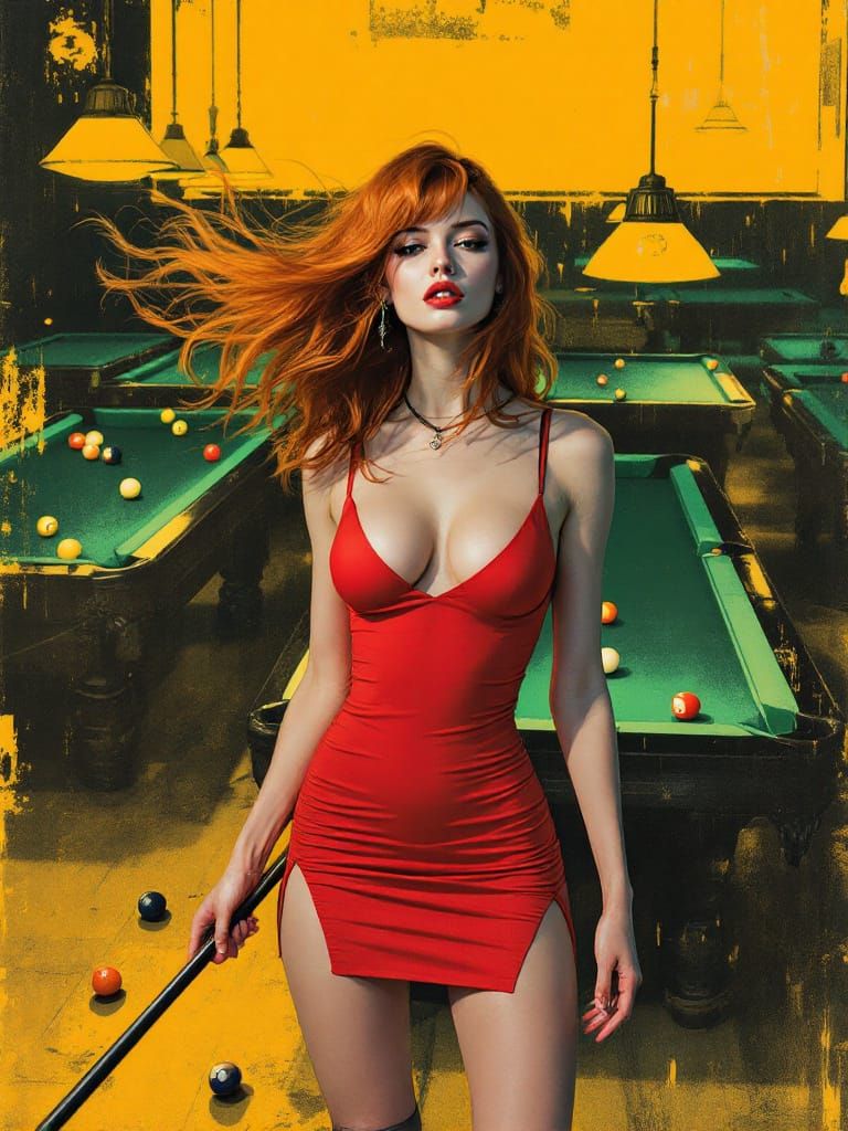 Woman in Red Dress at Pool Table, Bold Graphic Style
