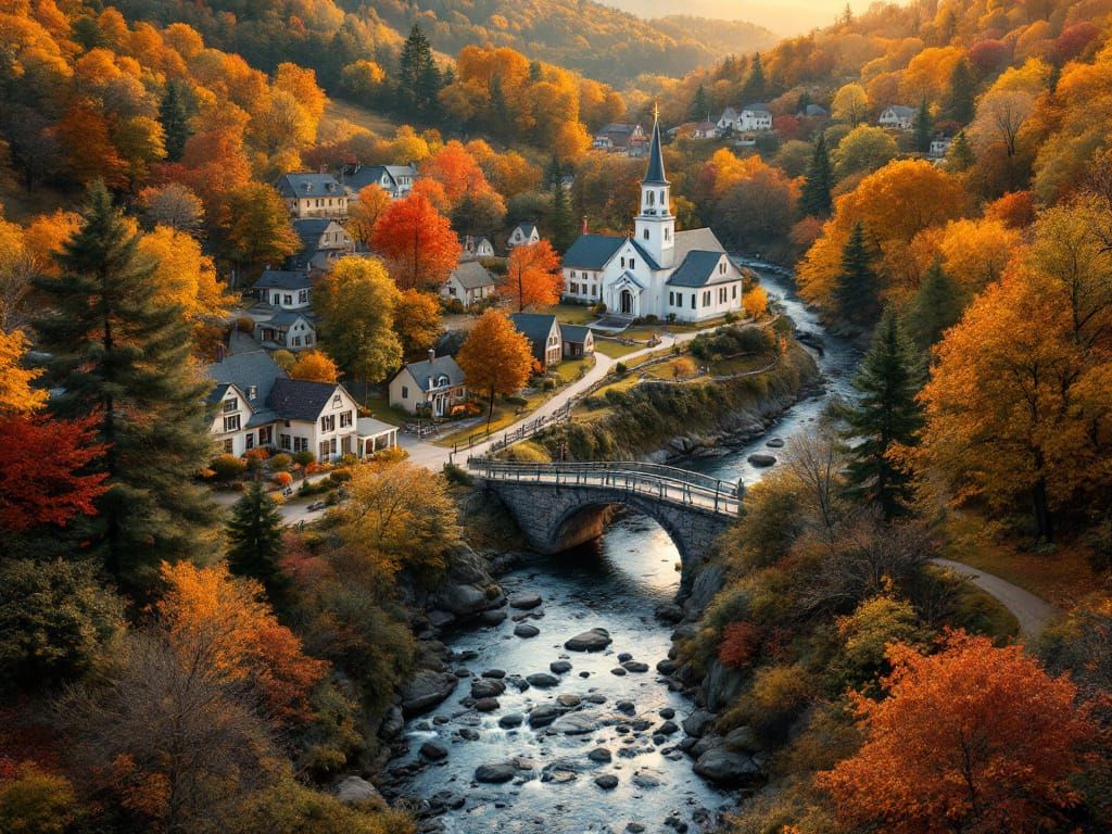 Charming New England Town in Autumn Magic Hour