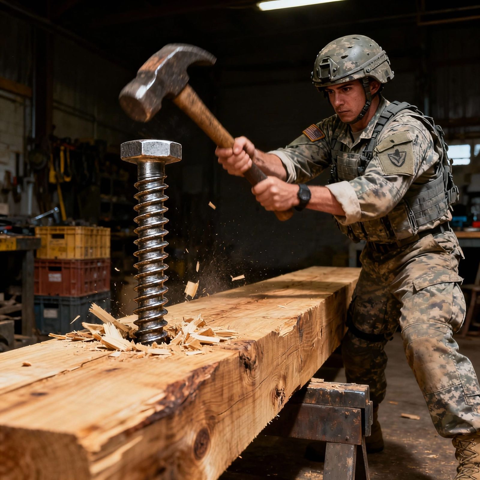 Soldier Using Hammer on Giant Screw