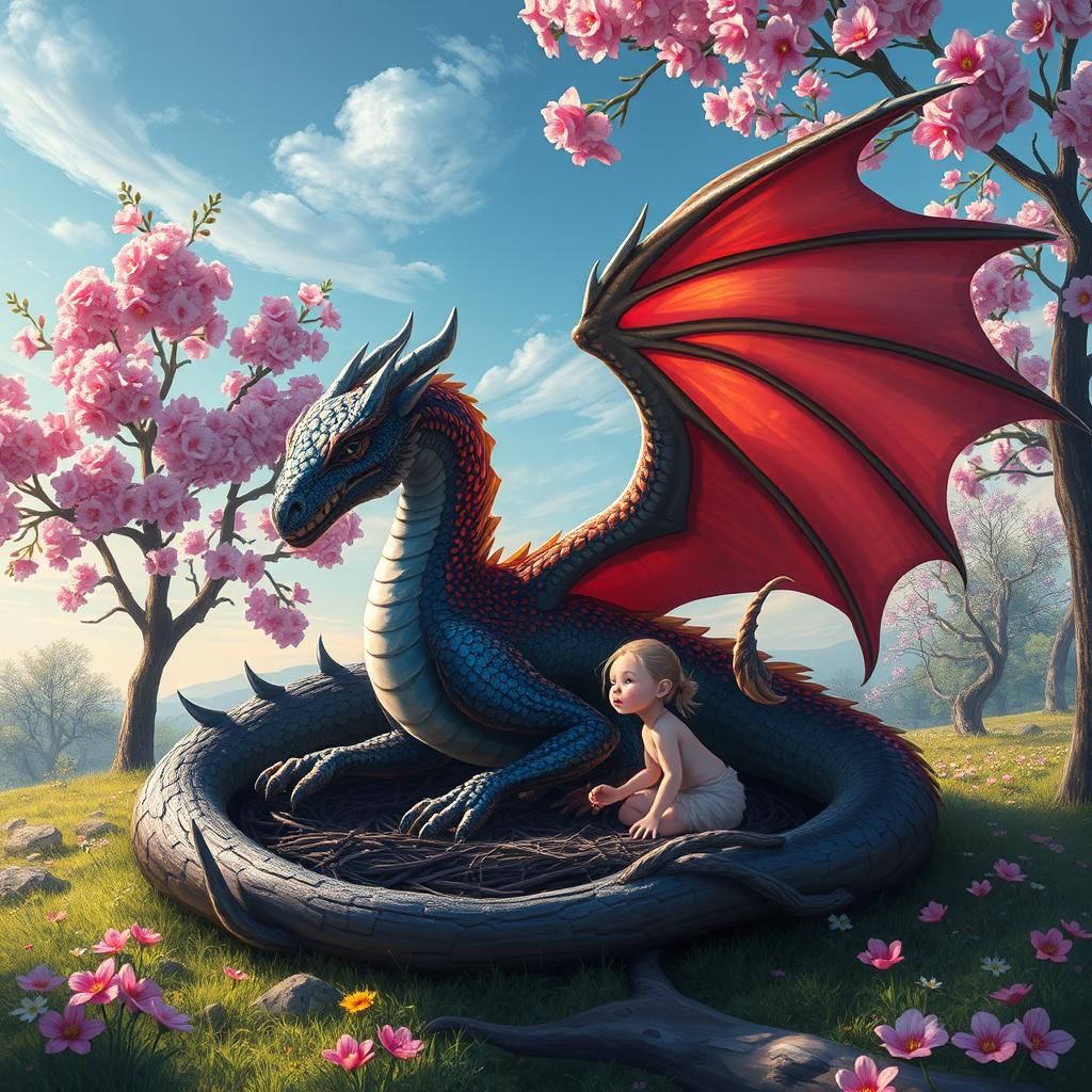 un dragón con sus crías y una hada de 4 años sentada cerca de las crías de dragón, rodeados de un paisaje con árboles de...