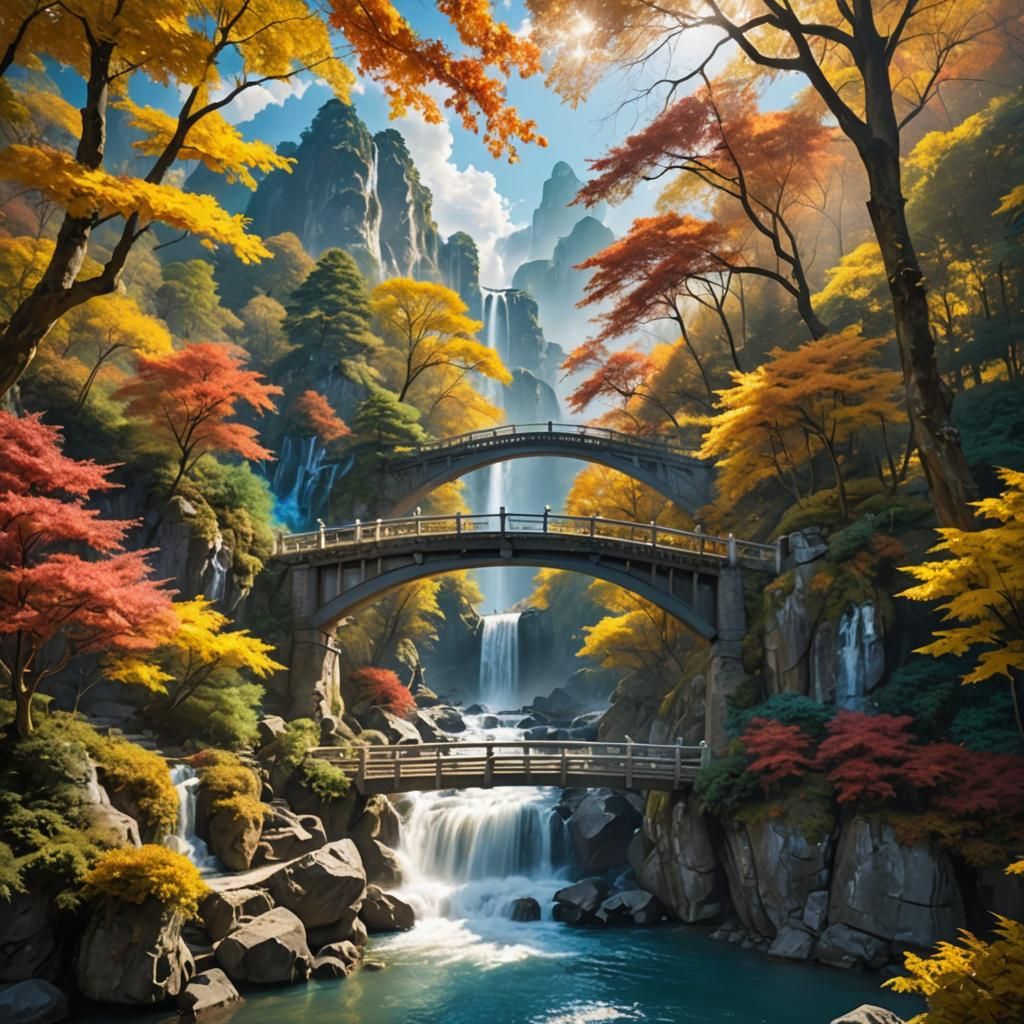 Fantasy Chinese Bridge With Waterfall in Autumn