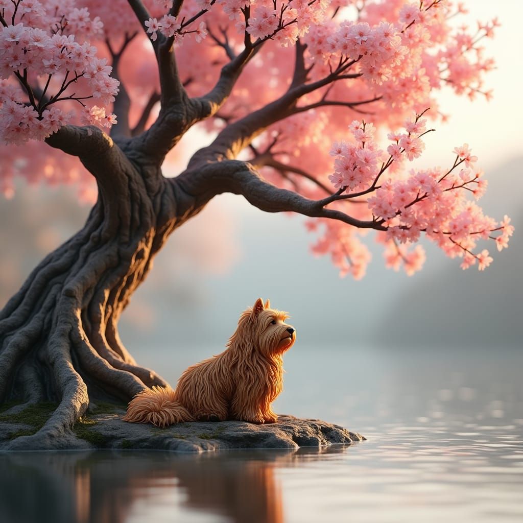 Sakura Tree and Wooden Dog in Hyper Realism