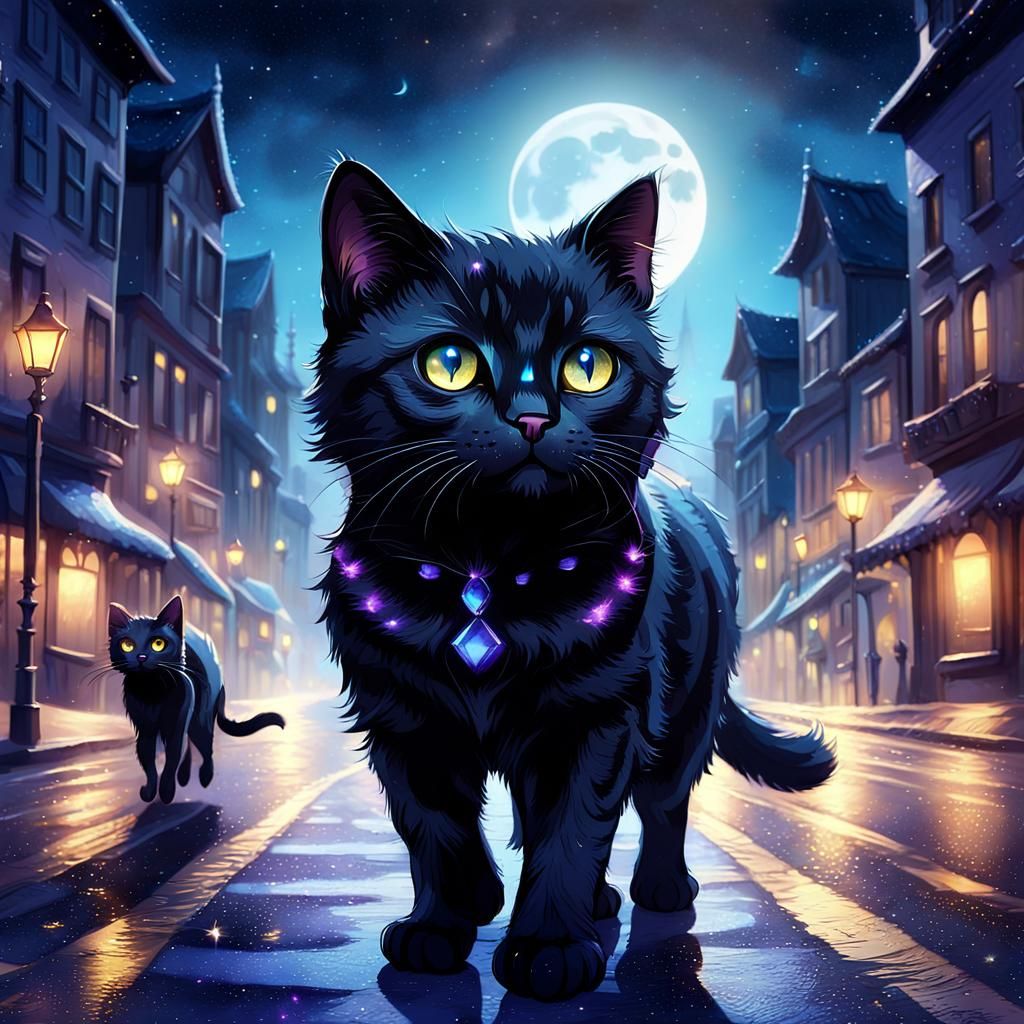 Moonlit Black Cat in Watercolor Fantasy Art