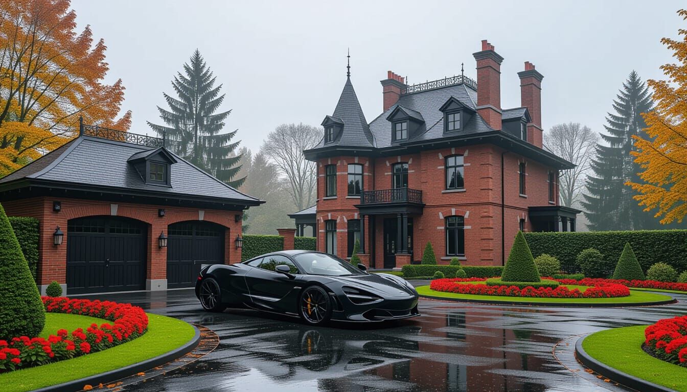 Victorian Chateau with McLaren in Misty Autumn Garden