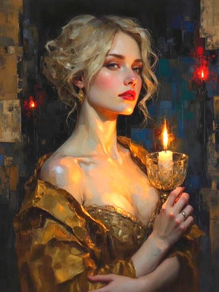 Blonde Woman with Candle in Expressionist Impasto Style