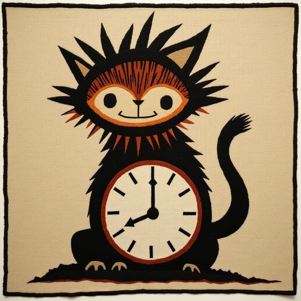 Stylized Creature with Clock in Stone Age Silhouette