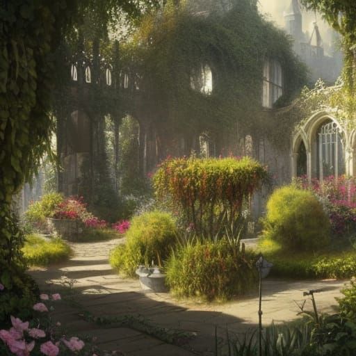 Lush Victorian Garden with Gothic Arches in Sunlight
