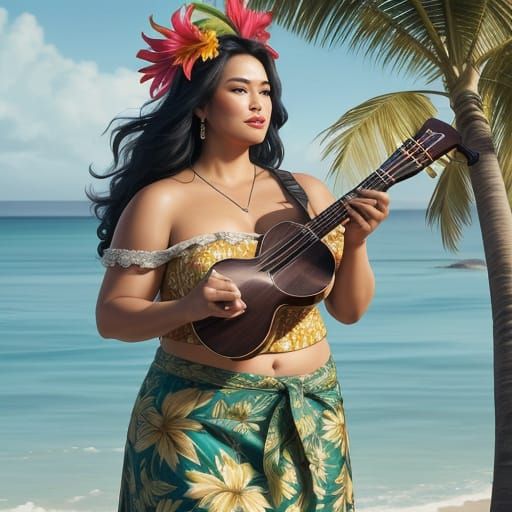 Hyperrealistic Hawaiian Woman Plays Ukelele on Beach