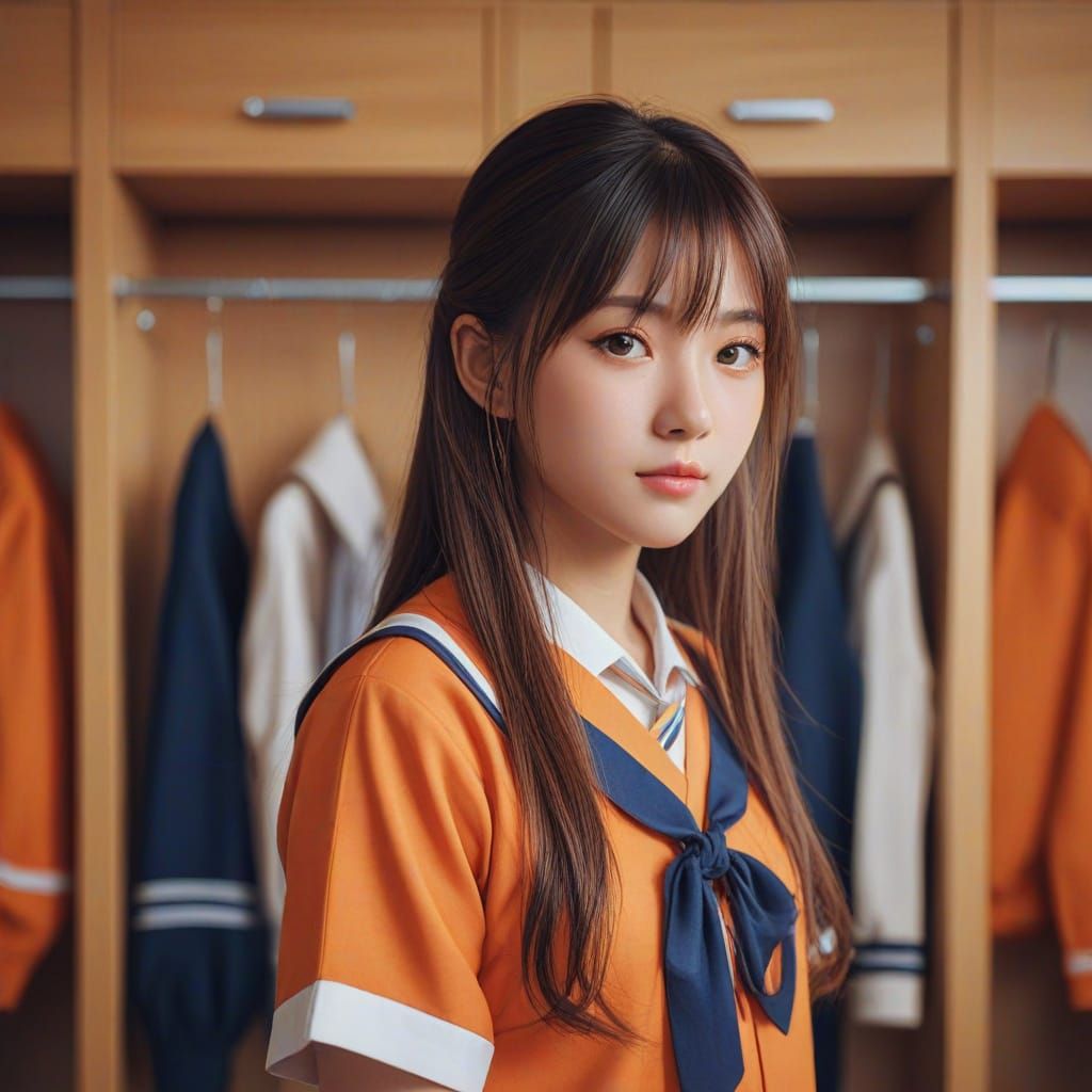 Anime Girl in Orange Uniform with Golden Hour Light