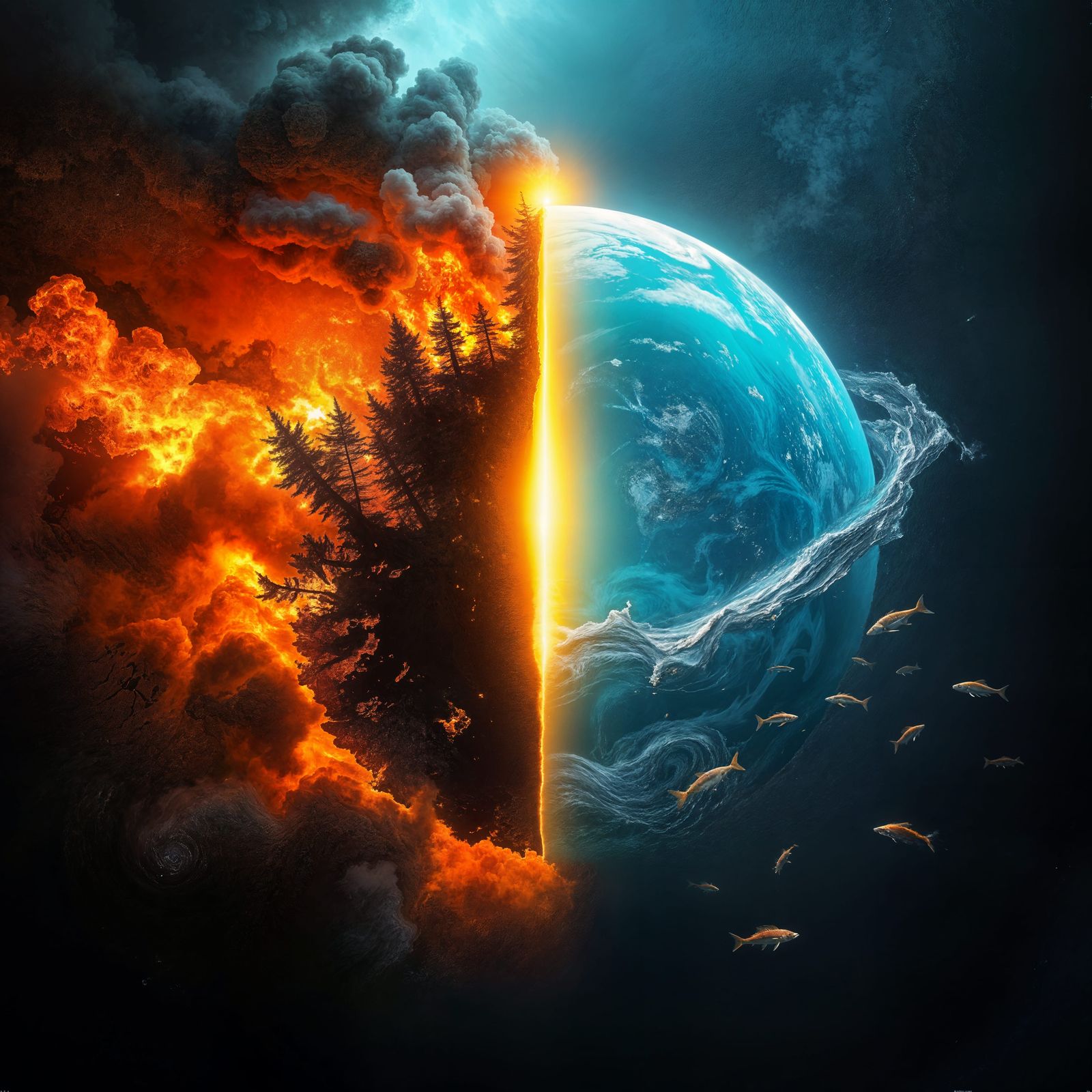 Earth Divided: Fire and Water Digital Painting