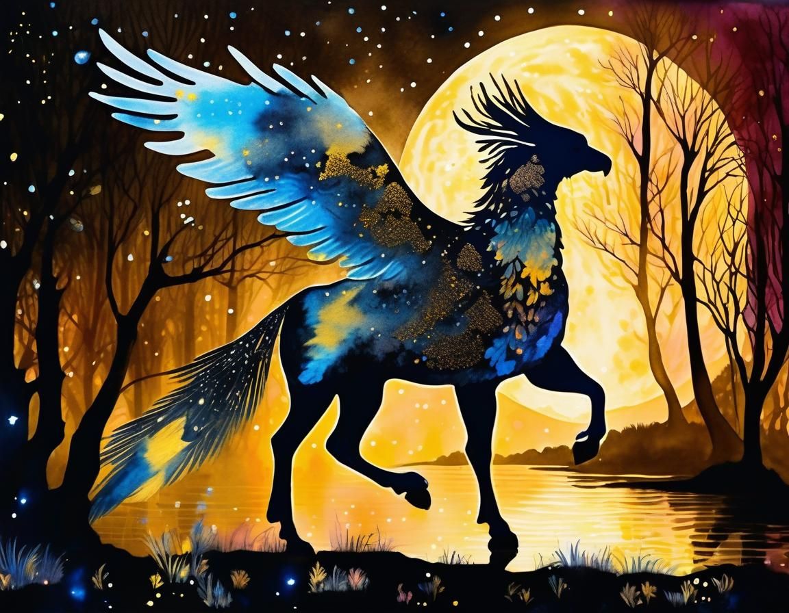 Enchanted Hippogryph Silhouette in Double Exposure Art