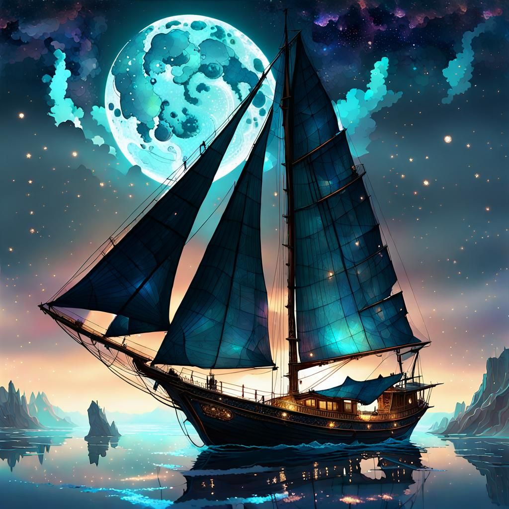 Elegant Sailboat Junk Under Moonlight with Nebula