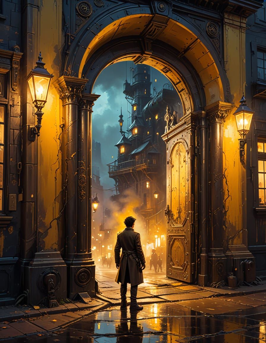 Steampunk Character Before Giant Doorway, Oil on Canvas