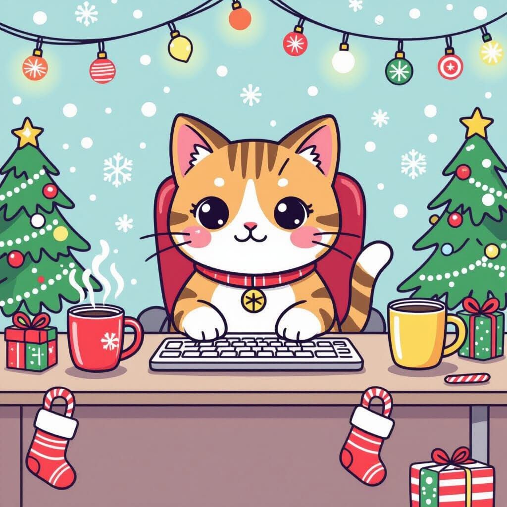 Festive Cat Office in Kawaii Sticker Style