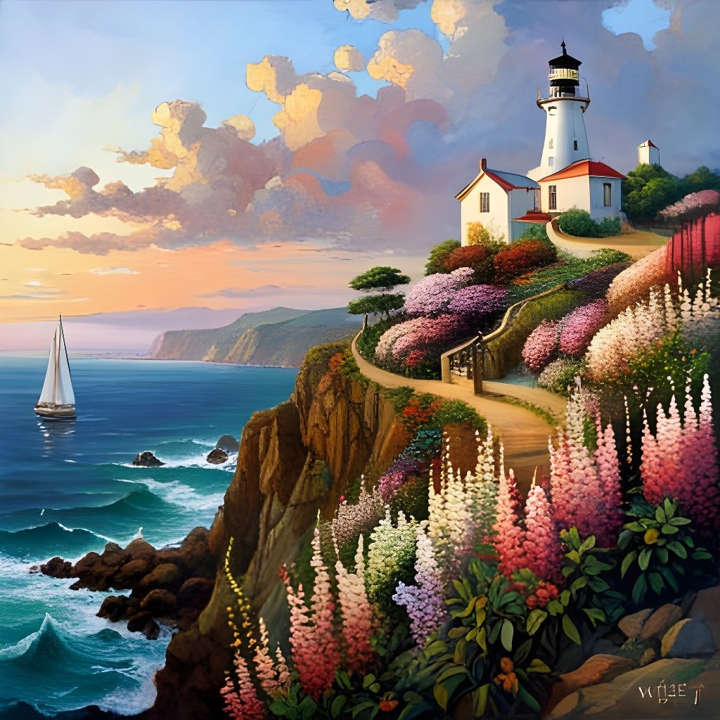 Lighthouse on Flowering Cliff at Sunset