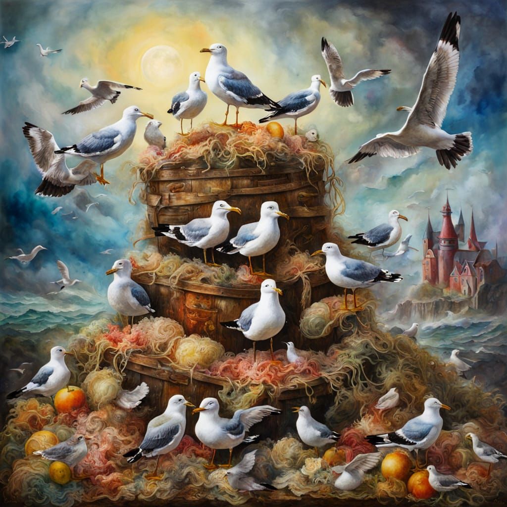 Seagulls in Lederhosen on Sauerkraut, Surreal Watercolour
