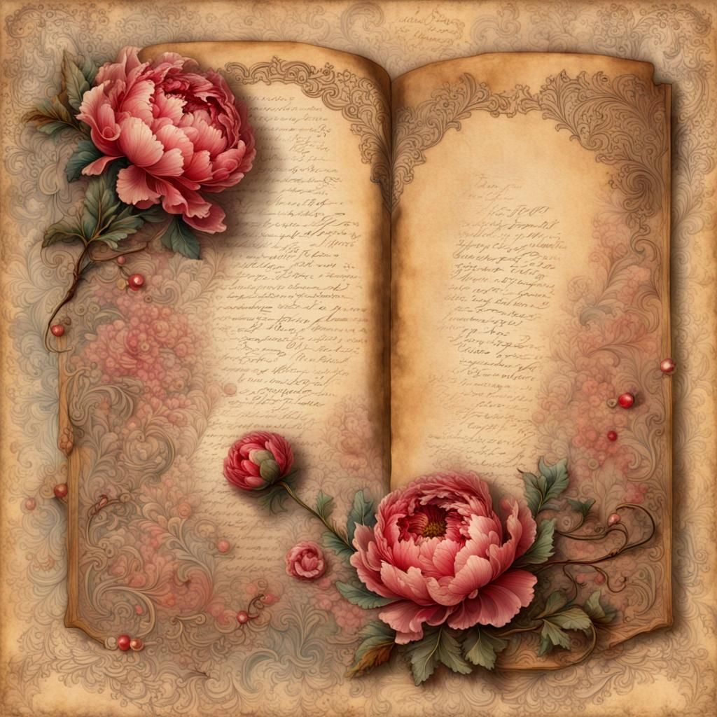 Red and Pink Peony with Rococo Frame in Watercolor