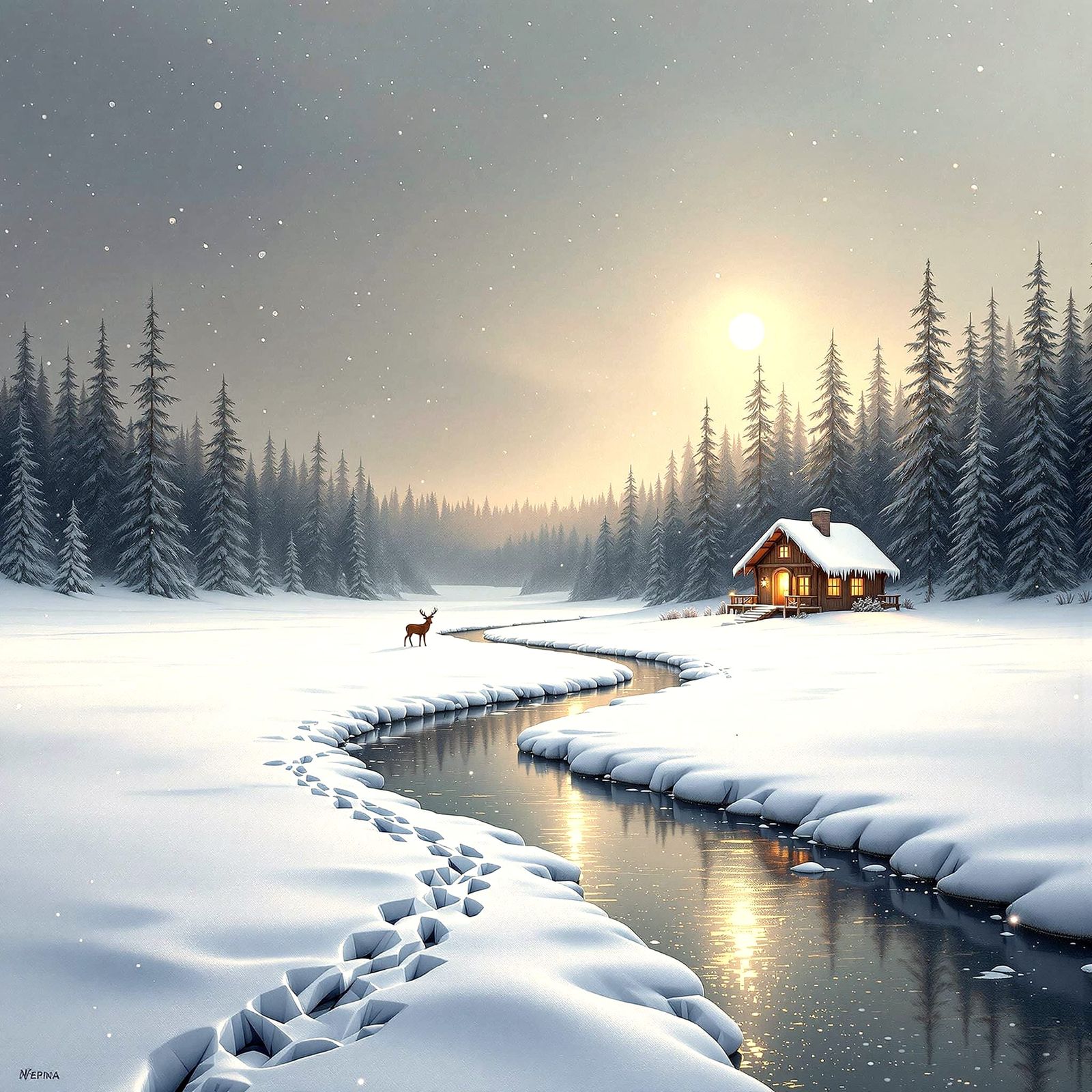 Snowy Pine Forest Landscape in Gentle Twilight