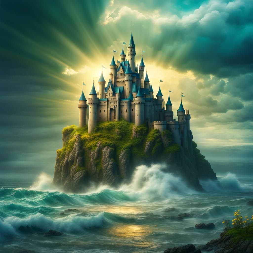 Epic Fantasy Castle on Stormy Sea with Golden Flowers