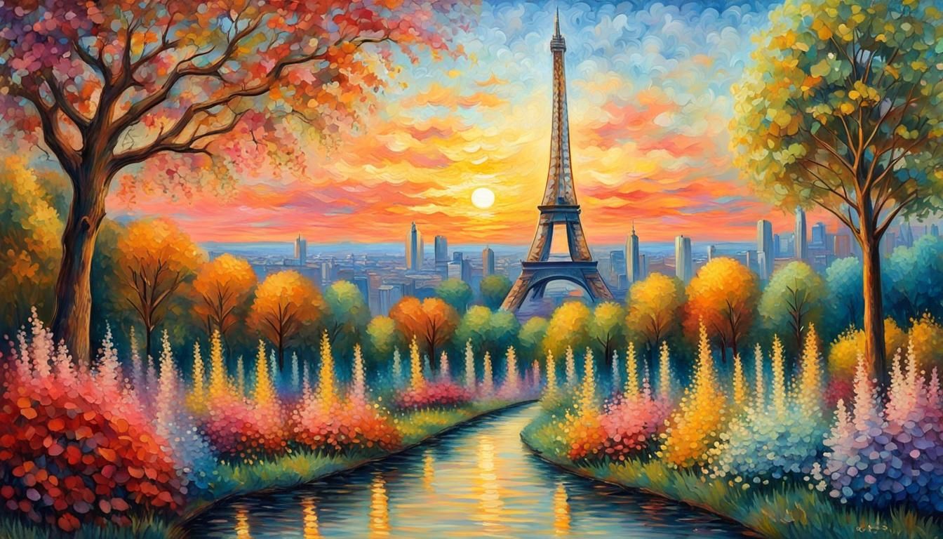 Eiffel Tower Surrounded by Gardens in Neo-Impressionism Styl...