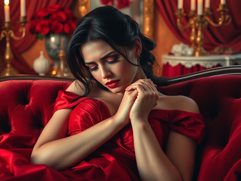 Elegant Woman Weeps on Velvet Chaise in Valentine's Day Sett...