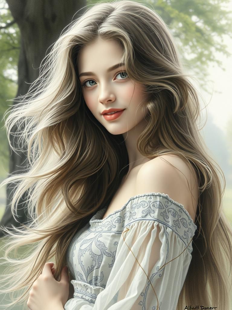 Detailed Charcoal Drawing of Woman with Flowing Hair