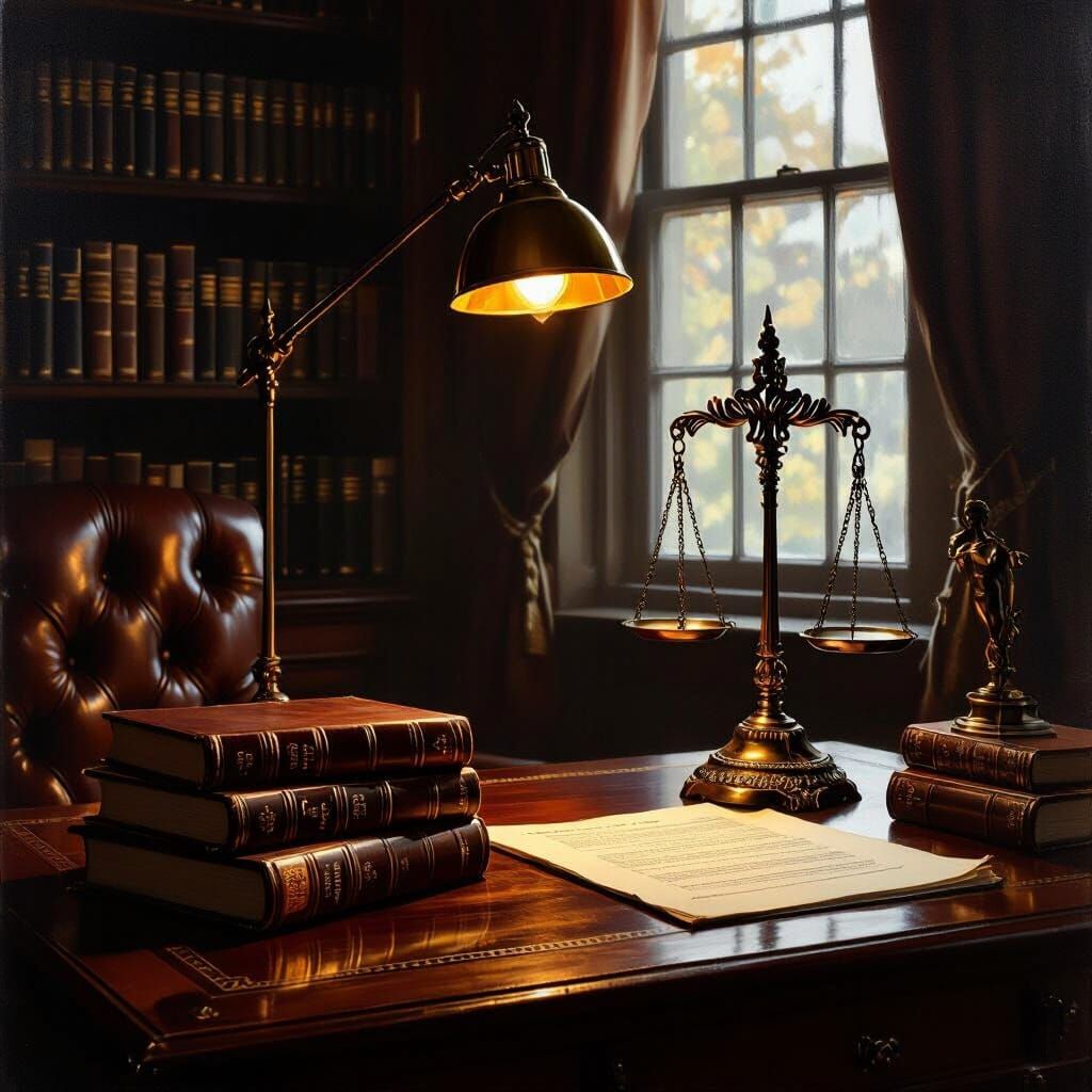 Lawyer's Office Desk with Books and Scale of Justice