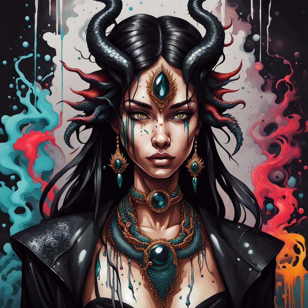 Onyx Dragon Woman in Graffiti Art Style