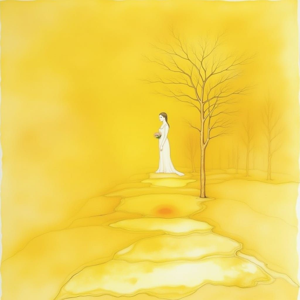Ethereal Yellow Watercolor Landscape with Girl