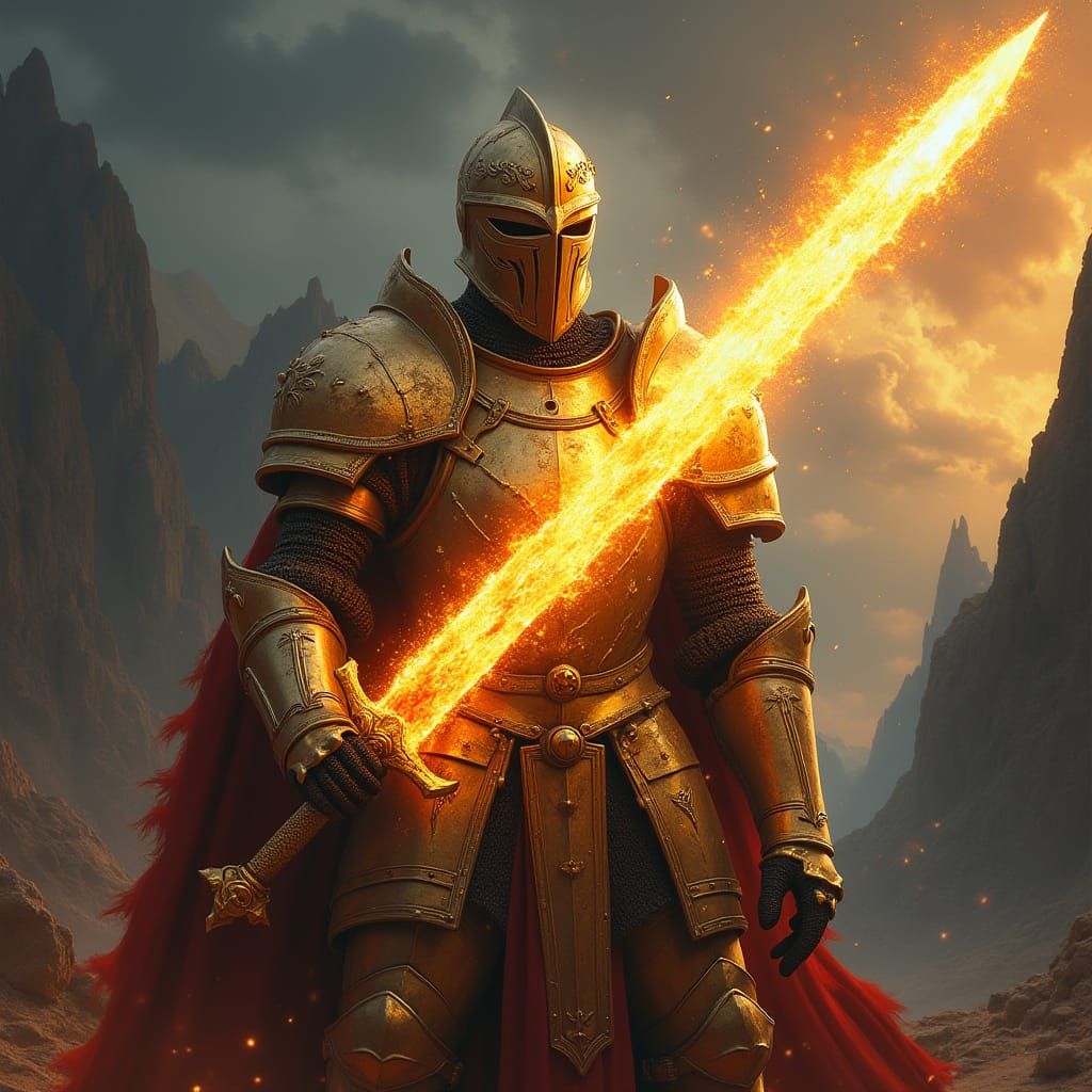Gallant Knight Wields Blazing Sword in Stormy Landscape