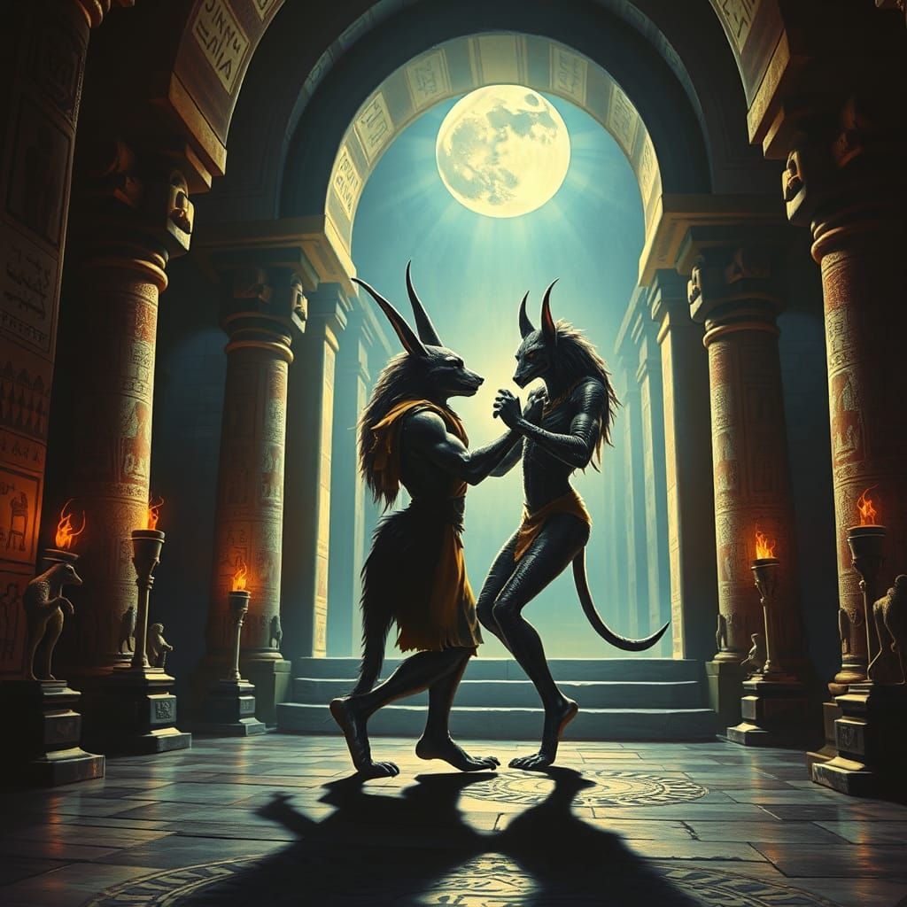 Werewolf and Anubis Tango in Surrealist Painting