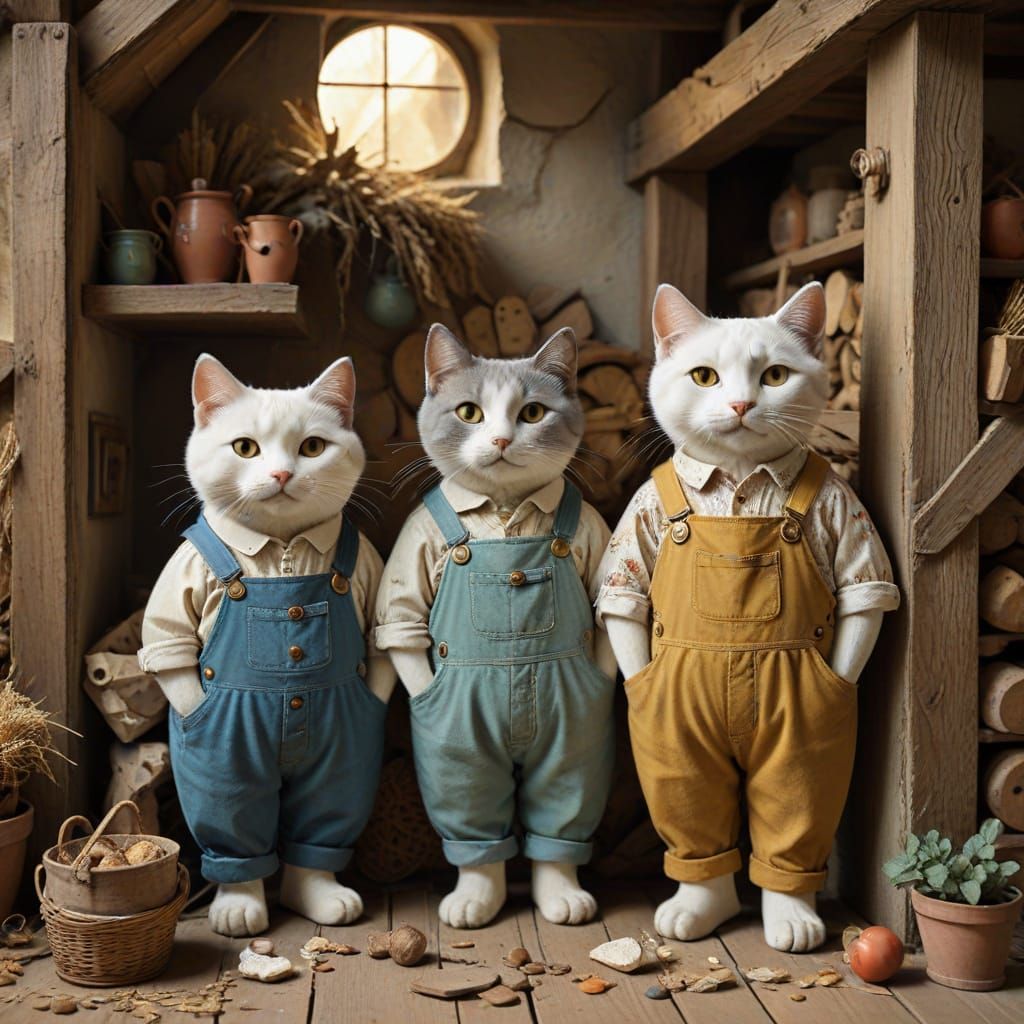 Cubist Kittens Hide in Hayloft Shadows