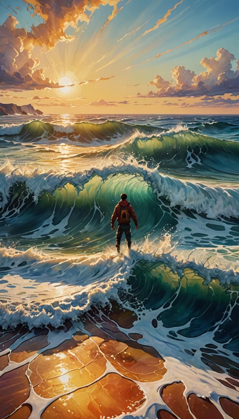 Climbing the Ocean: A Triadic Color Oil Painting