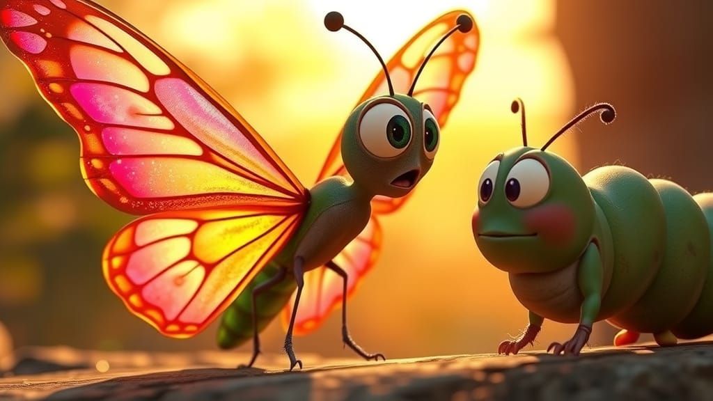 Shocked Iridescent Butterfly and Green Caterpillar, Pixar St...