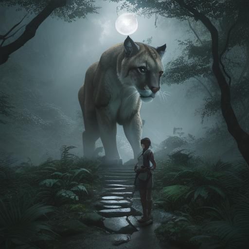 Mountain Lion Double Exposure in Antique Watercolor Style