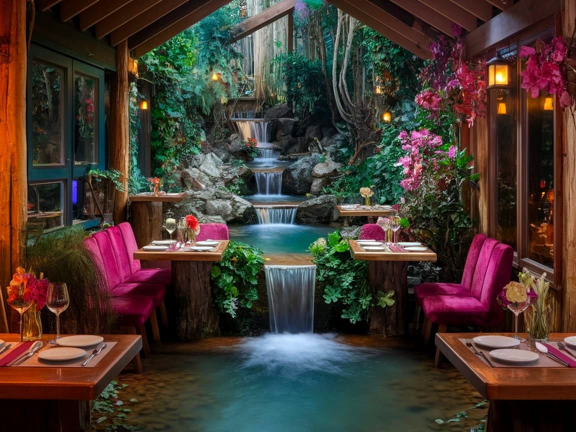 Enchanting Restaurant with Waterfall Dining Table