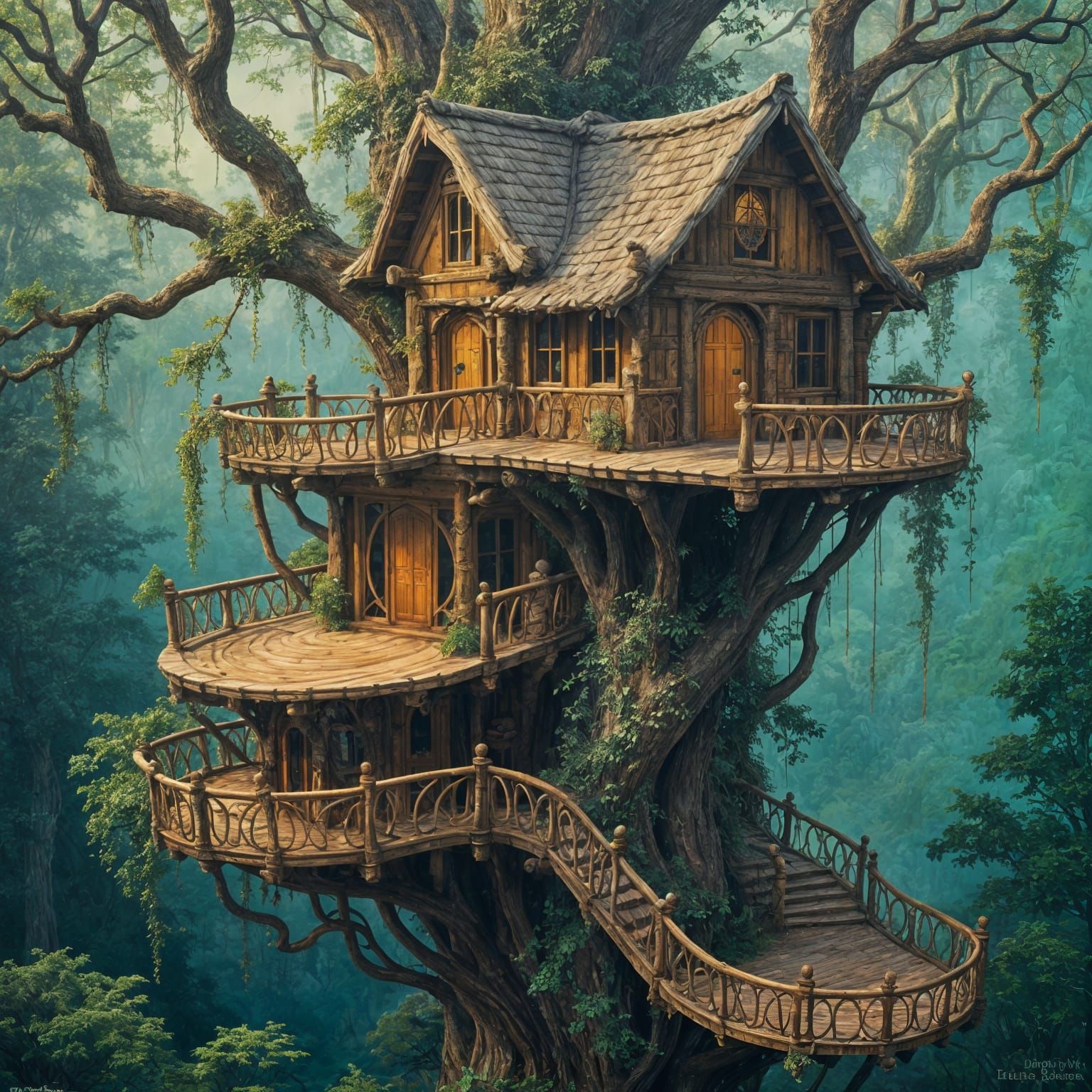 Ethereal Treehouse Oasis in Neo-Expressionist Style