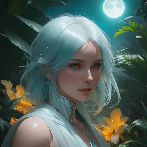 Moonlit Woman on Beach in Fantasy Art Style