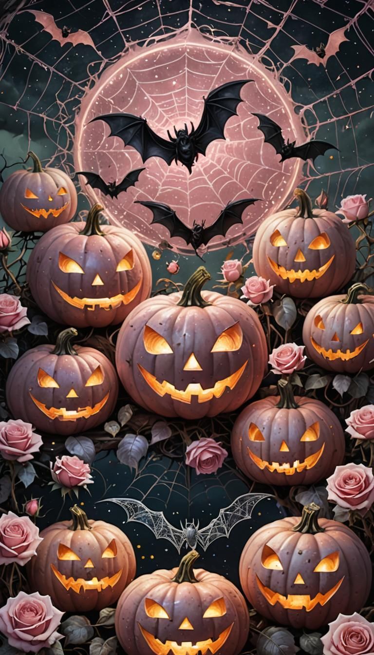 Halloween Pumpkins with Roses, Cosmic Illustration