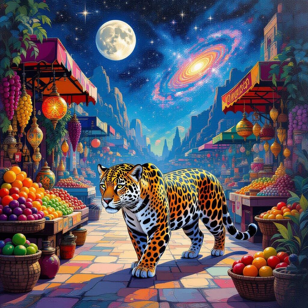 Celestial Jaguar in Alien Market, Acrylic Painting