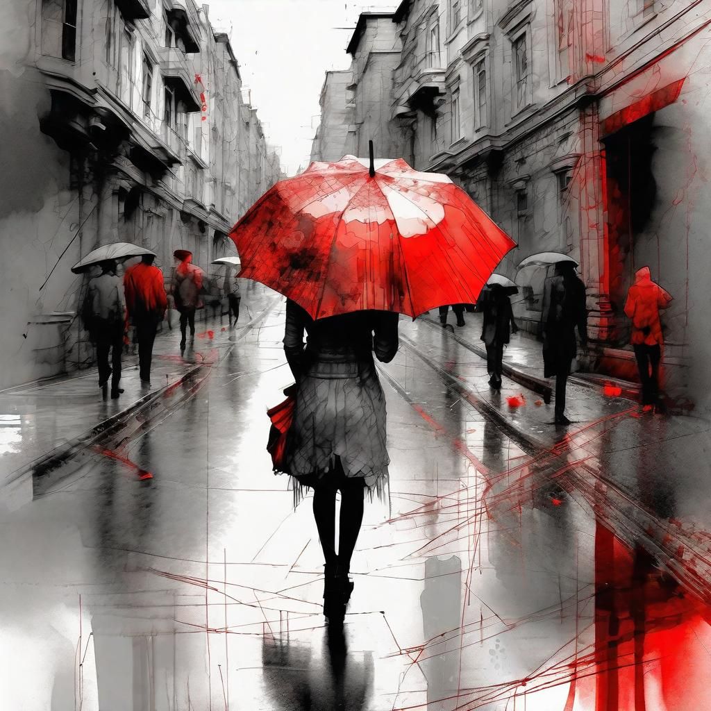 Woman with Red Umbrella in Digital Watercolor