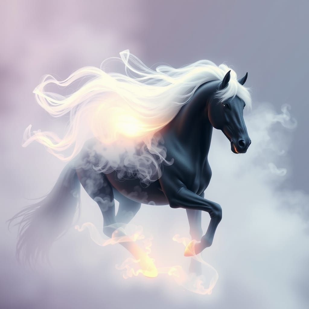 Ethereal Black Horse Emerging from Steam