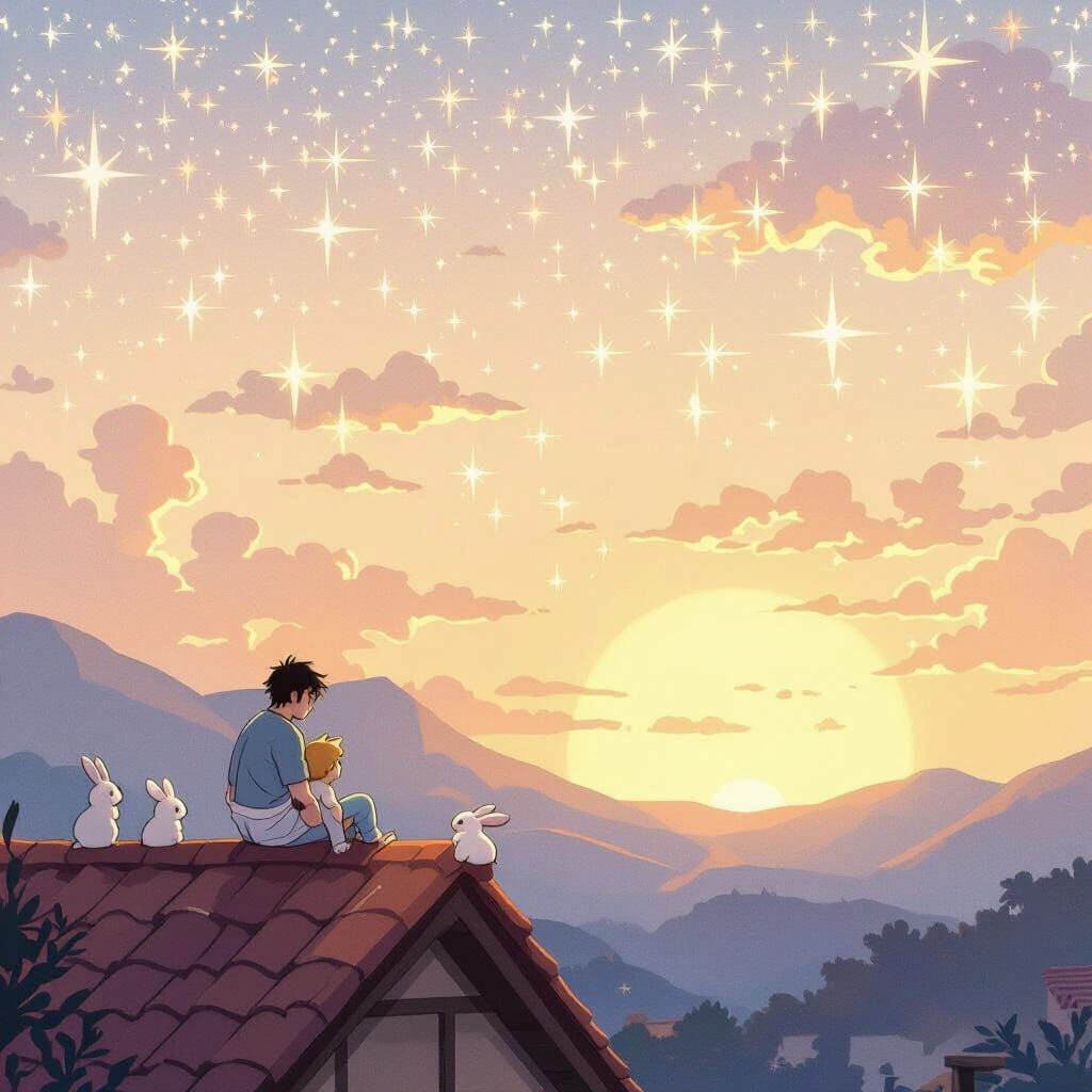 Celestial Manhwa Rooftop Scene with Bunnies