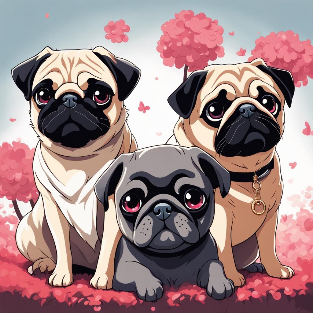 Three Pugs in Anime Key Visual Style