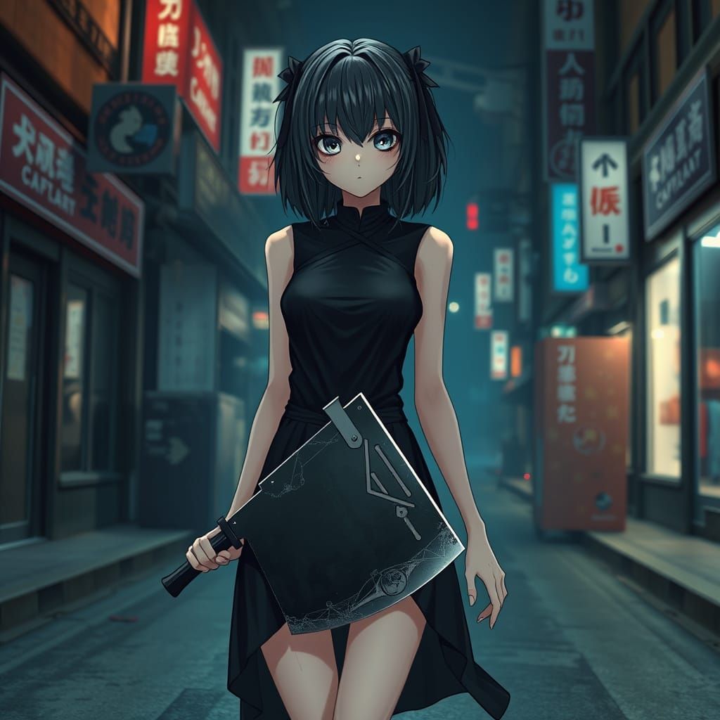 Dark Anime Psychopath Girl Strolls Through City Streets at N...