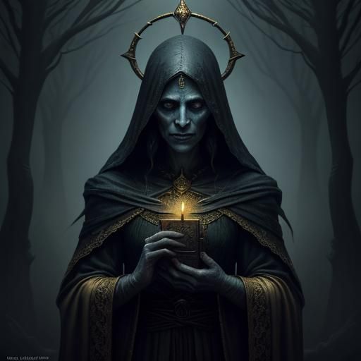 Mysterious Witch Holding Tarot Card: Dark Fantasy Art