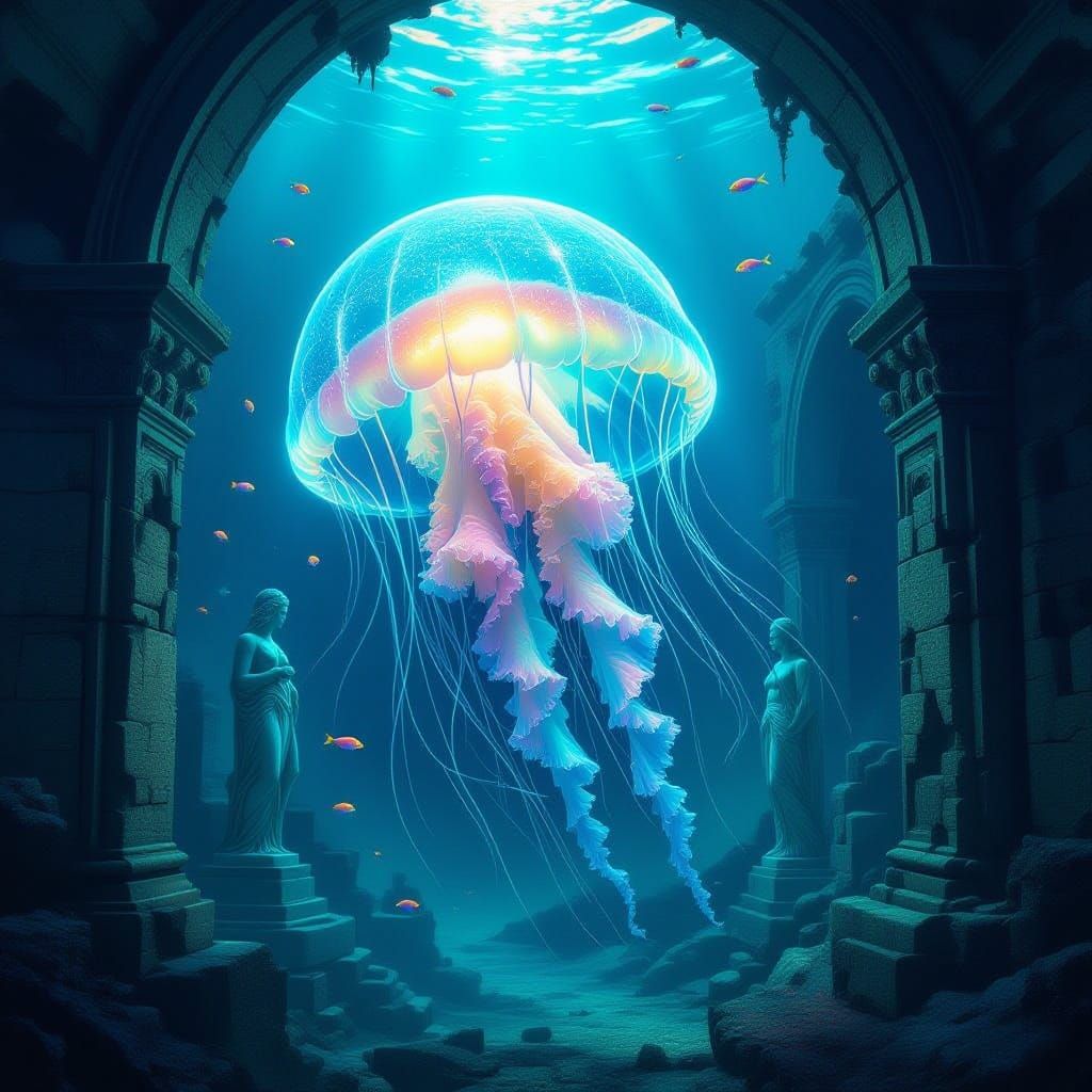 Bioluminescent Jellyfish in Ancient Underwater City