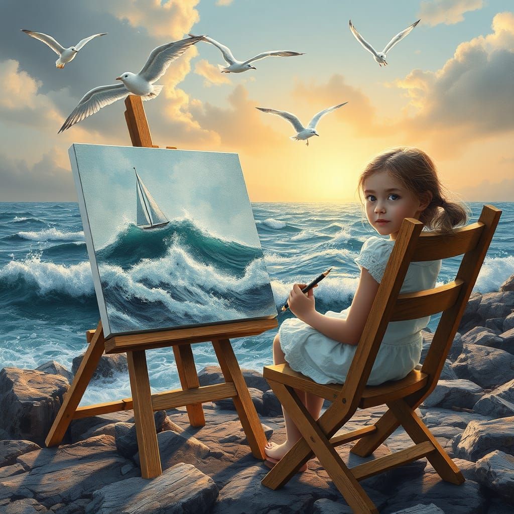 Girl Painting Seascape with Rising Sun, Digital Art