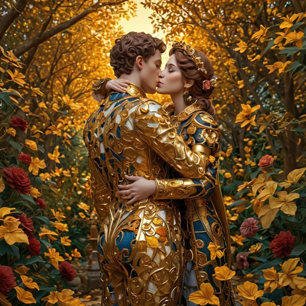Chess Pieces Recreate Klimt's Kiss in Golden Garden