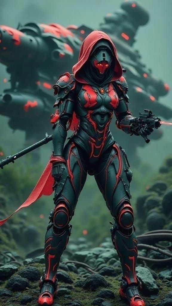 Cyborg Geisha Assassin in Neon Armor, Post-Apocalyptic Lands...